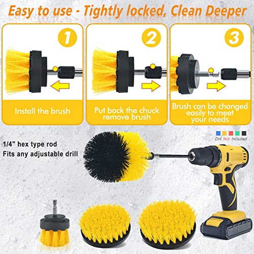 Drill Brush Attachment Set, Power Scrub Brush for Cleaning, All Purpose Scrubber Brushes with Extended Attachment for Bathroom Kitchen Surface, Grout, Tub, Shower, Tile, Corners, Car-Yellow