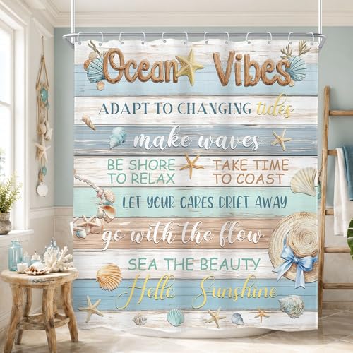 Newsely Ocean Vibes Shower Curtain 60Wx72L Inch Blue and Brown Wood Inspiritional Quotes Sea Beach Seashell Starfish Corals Bathroom Set Rustic Plank Waterproof Bath Decoration Accessories Home Decor - color: G-02seashell, size: 60"W x 72"L (Pack of 1)