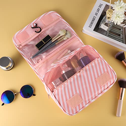 Pengxiaomei Hanging Toiletry Bag, Pink Striped Waterproof Cosmetic Bag Portable Makeup Pouch Pink Stripe Travel Bag with Handle for Kids Teen Girls Tea Party - color: Pink