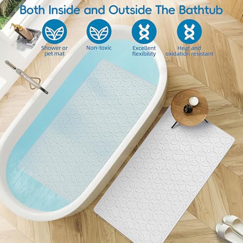 Bathtub Mat Non Slip with Suction Cups - 100% Rubber Bathroom Mat Textured for Bath Tub Shower Safety - Soft on Touch - BPA/PVC Free - Pet Dog Bath Mat - Machine Washable - 17 × 35 Inch（White） - color: White (Opaque), size: 35" x 17" (Rectangular)