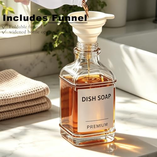 Dish Soap Dispenser for Kitchen, Hand Glass Soap Dispenser Set with Pump, Funnel for Bathroom, Shower, Laundry, Liquid, Lotion (Silver 2 Pack 18 Oz Clear Bottles with 12 Stickers) - color: Silver Square, size: 18Oz