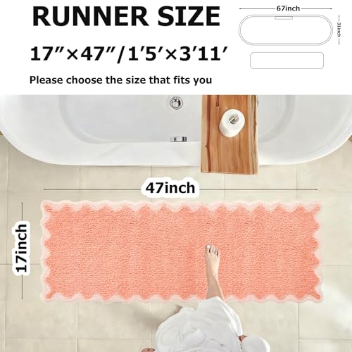 ORTIGIA Cute Coral Pink Scalloped Bath Mat, Fun Plush Microfiber Scallop Bathroom Rugs Non Slip Washable Quick Dry Absorbent, Bath Rug Carpet for Shower Stall Vanities Kitchen Floor Entrance, 17x47 - color: Coral Pink, size: 1'5" x 3'11" (Rectangular)