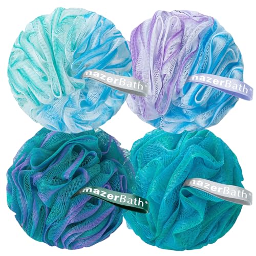 AmazerBath Charcoal Loofah Sponge, Shower Loofah 60g/PCS - Body Scrubber Loofa Set of 4 - Green, Purple & Blue, Bath Sponge for Men and Women - style: Blue-Green-Purple (60g)