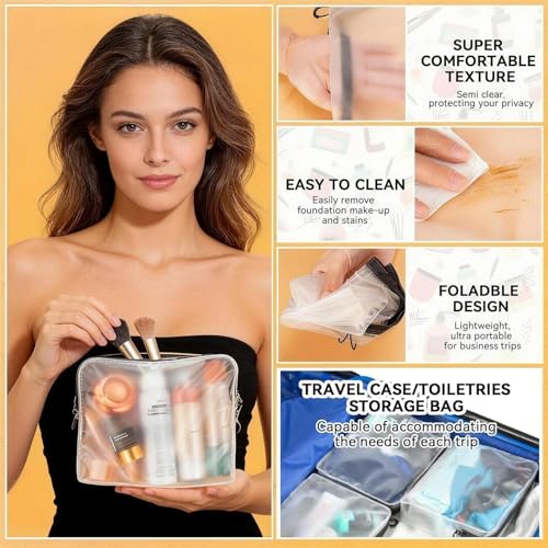 Qbily Clear Leak Proof Travel Bags for Toiletries 3 Pack, Super Soft Waterproof Leak Proof BPA Free, Semi-Clear Toiletry Cosmetic Makeup Bags for Travel, Approved Travel Toiletry Bag With Zipper