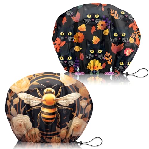 2 PCS Shower Cap Adjustable Reusable Double Waterproof Layer Elastic Hair Bath Cap Cute Aesthetic for Women Girls-Cat Bee - color: I12-Cat Bee