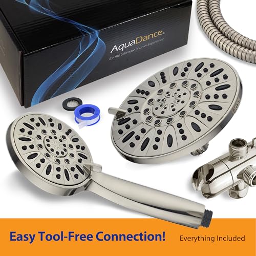 AquaDance 7" Premium High Pressure 3-Way Rainfall Combo with Stainless Steel Hose – Enjoy Luxurious 6-setting Rain Shower Head and Hand Held Shower Separately or Together – Brushed Nickel Finish - color: Brushed Nickel, style: 2.5 Gallons Per Minute