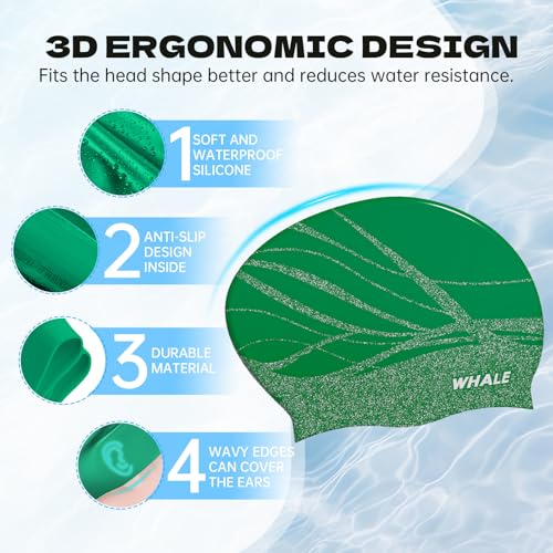 WHALE Extra Large Swim Cap Designed for Men and Women with Thick, Long Hair, Hair Extensions Or Afro-Textured Hair Long-Hair Swim Cap Highly Waterproof to Keep Hair Dry - color: Green