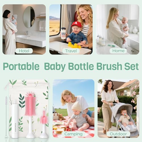 SEANCHEER S02 Electric Bottle Brush Set, Portable Baby Bottle Brush Cleaner, AA Battery-Powered & IPX7 Waterproof, with Silicone Bottle/Nipple/Straw Brush, for Home & Travel (Pink) - color: White-pink