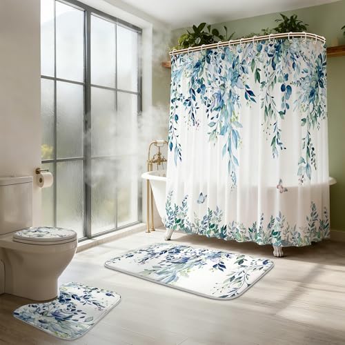 16 Pcs Blue Eucalyptus Shower Curtain Set with Absorbent Rugs and Metal Hooks,Premium 120gsm Heavy Weight Fabric Shower Curtain,Botanical Bathroom Deco (B-Blue) - color: Blue