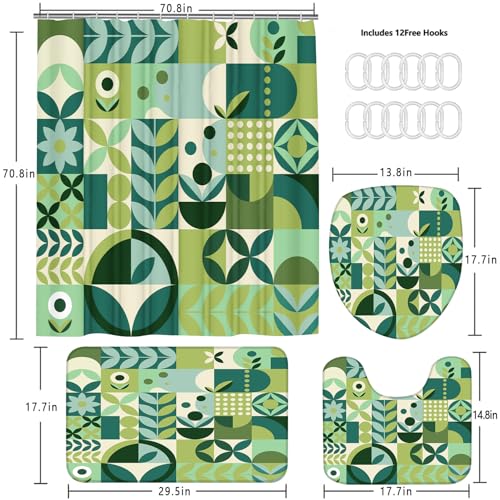 Chrainy 4Pcs Geometric Grid Shower Curtain Sets for Bathroom and Toilet Green Checkered Modern Bathroom Decor Sets with Shower Curtain and Rugs,Accessories Bath Mat,U Shape and Toilet Lid Cover - color: Green