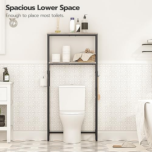HOOBRO Over-The-Toilet Storage, 2-Tier Bathroom Organizer Over Toilet, Bathroom Shelves with Toilet Paper Holder and Hooks, Freestanding Storage Shelf, Space Saver, Greige and Black BG49TS01 - color: Greige and Black