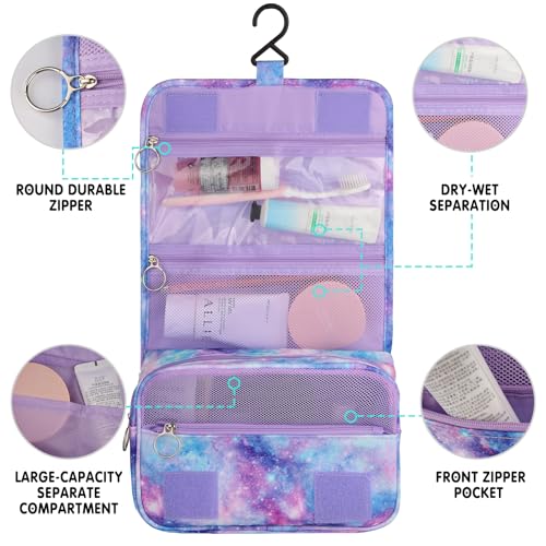 Kids Hanging Toiletry Bag for Girls, Travel Toiletry Bag for Little Young Teen Girls Cosmetic Makeup Waterproof Wash Bag Traveling Toiletries, Galaxy Purple - color: Purple-Galaxy