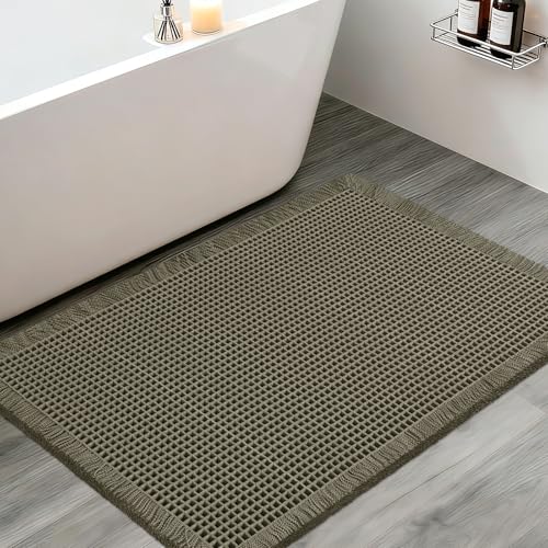 Upgraded Waffle Bath Mat, 32"x20" Greyish Green, Super Absorbent Non-Slip Quick Dry Bathroom Rugs with Tassels, Machine Washable Ultra Soft Boho Bath Rugs for Floor, Toilet Mats Boho Farmhouse Decor - color: Greyish Green, size: 1'8" x 2'8" (Rectangular)