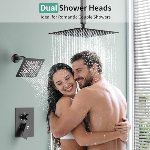 Shower Faucet Set Shower System - SR SUN RISE Matte Black Shower Trim Kit with Dual Shower Head, 12'' Ceiling Rainfall 6'' Wall Mount with Handheld Shower for Couples, Complete 6 Diverter Valve - color: Black, size: 12 Inch