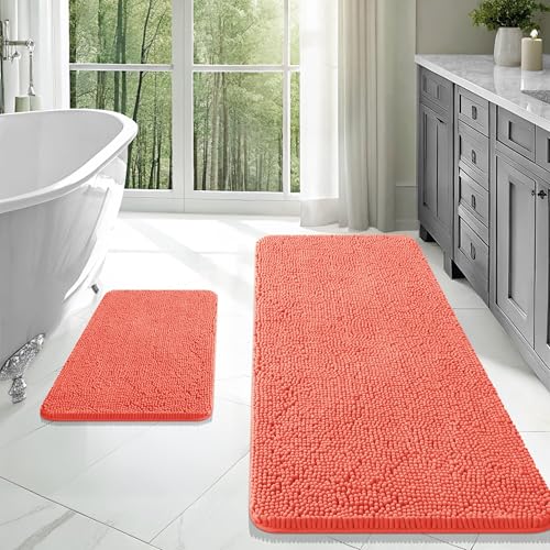 OLANLY Bathroom Rugs Sets 2 Piece, Soft Absorbent Chenille Bath Mats Area Rug Set, Non-Slip, Quick Dry, Machine Washable Bath Mats for Bathroom, Home Decor Accessories (47"x20"+24"x16", Coral) - color: Coral, size: 47" X 20" + 24" X 16"