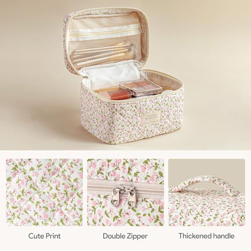 HBselect Quilted Makeup Bag, 3PCS Cotton Large Travel Makeup Bag, Cute Floral Coquette Make up Bag Cosmetic Bag Toiletry Bag for Women Girls - color: A-3PCS-Floral 17