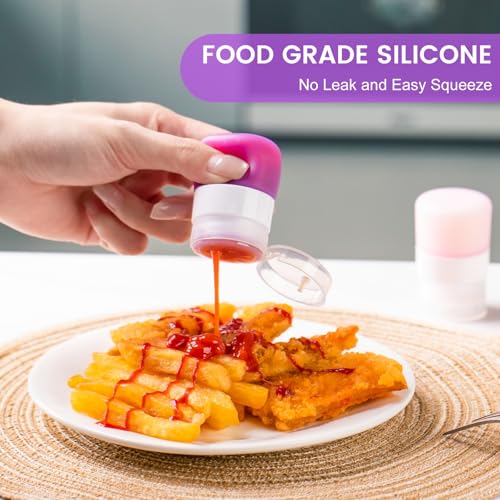 MICEBAY Condiment Squeeze Bottles for Sauces, 1-oz Mini Silicone Salad Dressing Container to Go with Snack Storage Bag, Leakproof Sauce Bottles for Lunch Box, 4 Pack, Purple - color: Purple, size: 1 OZ