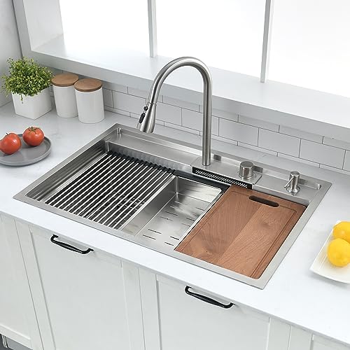 33 Inch Drop In Kitchen Sink with Waterfall Faucet Combo - VOKIM 33x22-Inch Drop In Sink Workstation Stainless Steel 16 Gauge Single Bowl Kitchen Sinks with Cutting Board - color: Stainless Steel （Waterfall）, size: 33"L x 22"W x 10"D