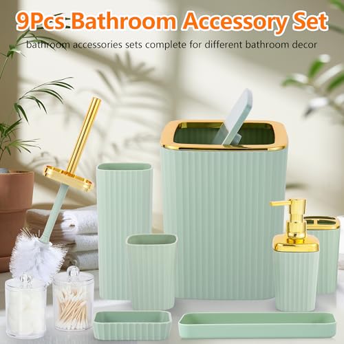 Bathroom Accessory Set,9 Pieces Light Green Bathroom Accessories Set with Trash Can, Toothbrush Holder, Soap Dispenser, Toothbrush Cup, Vanity Tray, Soap Dish, Toilet Brush, Qtip Holder - color: Lightgreen