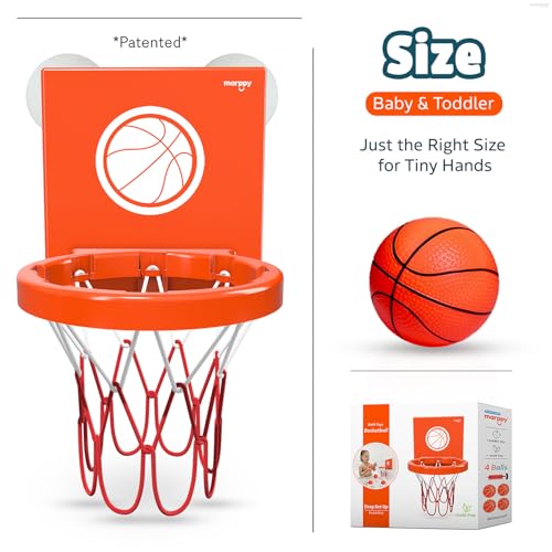 MARPPY Bath Toys - Bathtub Basketball Hoop for Kids, Toddlers - Suction Cup Basketball Hoop and 4 Soft and No Hole Balls - Baby & Toddler Mini Basketball Hoop - Boys & Girls - color: Orange 4 Balls (With Stripes)