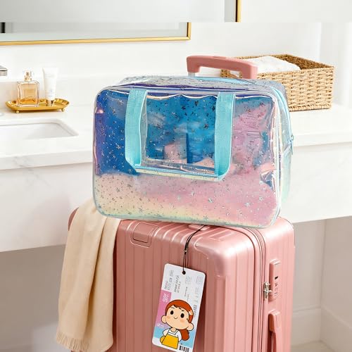 Holographic Blue Clear Star Large Cosmetic Bag and TPU Travel Pouch with Handle,Durable Material,Zipper Design-Ideal for Makeup,Travel Essentials (Holographic Blue+Stars) - color: Holographic Blue+stars