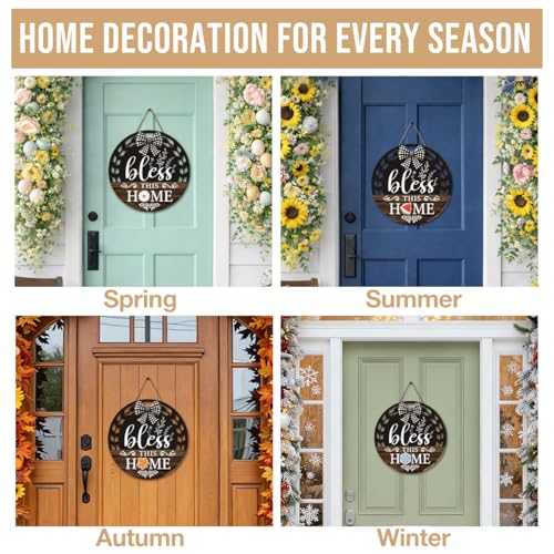 Interchangeable Seasonal Bless This Home Hanging Sign - Farmhouse Front Door Decoration for Spring All Seasons Holidays - Rustic Round Wood Wreaths with 12 Icons(Brown) - color: blessbrown2