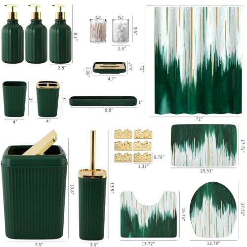 32PCS Bathroom Sets with Shower Curtain and Rugs-Dark Green Bathroom Accessories,Non Slip Bathroom Rugs Set with Toilet Lid Cover, Waterproof Shower Curtain, 3PC Soap Dispenser with Trash Can - size: Bath Set+Oil Paint Shower Curtain+Bath Rugs, style: Dar