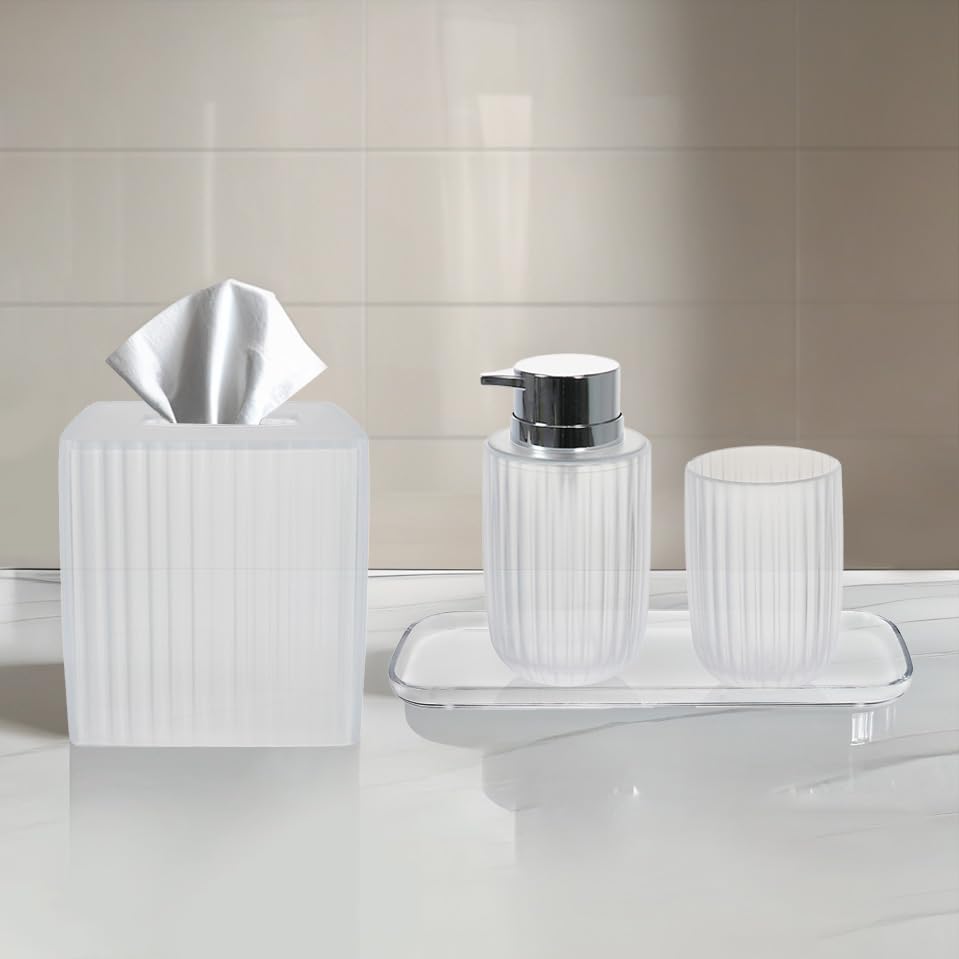 Decozen Bathroom Accessories - 4Pcs Bath Accessories for Home Decor Soap Dispenser, Lotion Dispenser, Tissue Box & Tray for Bath Decor Countertop Organizer - Christmas Decorations, Housewarming Gift - color: Clear