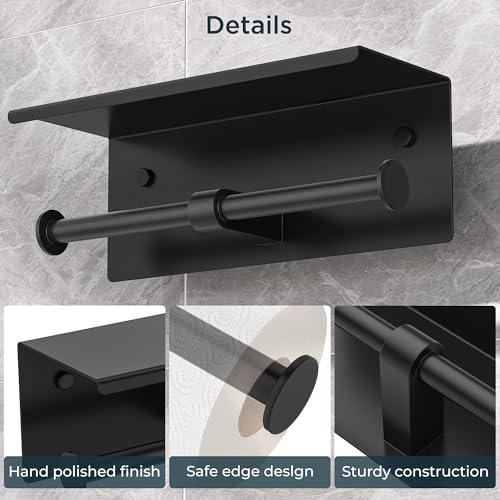 FORIOUS Double Toilet Paper Holder with Shelf, Wall Mount Tissue Roll Holder for Bathroom, 304 Stainless Steel Commercial Toilet Tissue Dispensers with Phone Shelf (1, Matte Black) - color: Matte Black