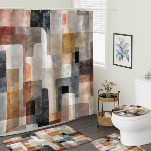 4Pcs Mid Century Shower Curtain Set, Beige Brown Grey Modern Bathroom Shower Curtain with Rugs and Accessories, with Non-Slip Rugs, Toilet Lid Cover and Bath Mat for Bathroom Decor Set - color: Beige