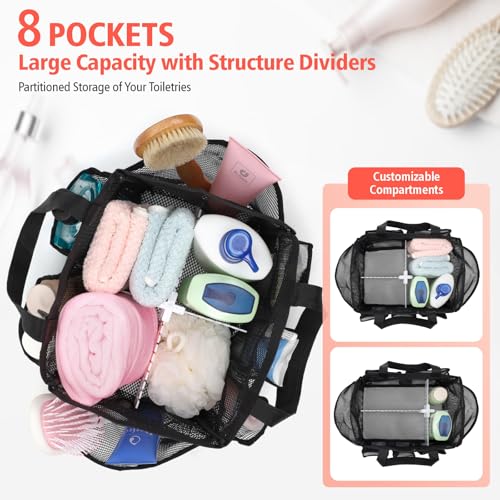 Mesh Shower Caddy Portable with Dividers - 2-Handle Shower Bag for Dorm | 8 Deep Pockets, S-Hook, Quick-Dry Mesh, College Dorm Room Essentials for Girls, Camping, Gym, Travel & Bathroom, Black - color: Black with Dividers, size: L (Classic Dorm Caddy)