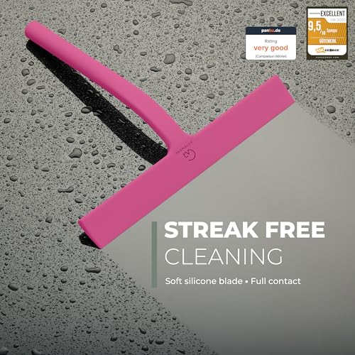 GÜTEWERK Silicone Shower Squeegee for Glass Doors & Mirrors with Stainless Steel Core, Streak-Free & No-Squeak Window Cleaning, 3-in-1 No-Drill Mount (Hook/Suction/Adhesive),Pink, 15 Inches - color: Pink, size: 15 Inches