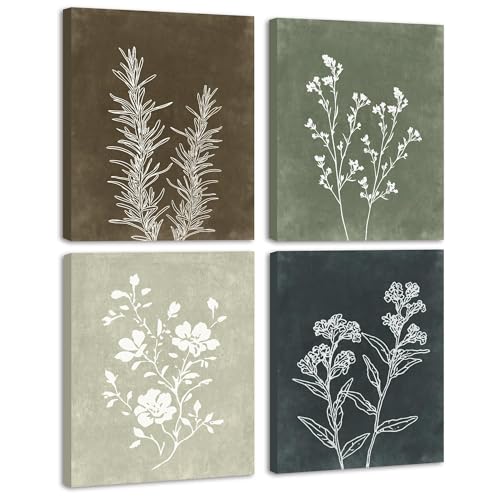Drsoum Framed Boho Wall Art Set of 4 Wooded Vintage Botanical Prints Retro Plants Rustic Antique for Bathroom Farmhouse Kitchen Home Decor Ready to Hang 8x10inx4pcs (Framed) - size: 8''x 10''x 4pcs