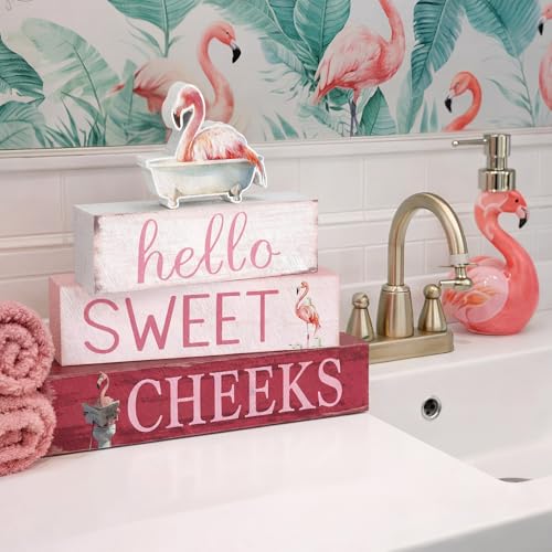 Cinnvoice 4 Pcs Flamingo Bathroom Decor Farmhouse Bathroom Decoration Hello Sweet Cheeks Table Centerpiece Gift for Christmas Valentines Back to School - style: Flamingo Hello Sweet Cheeks