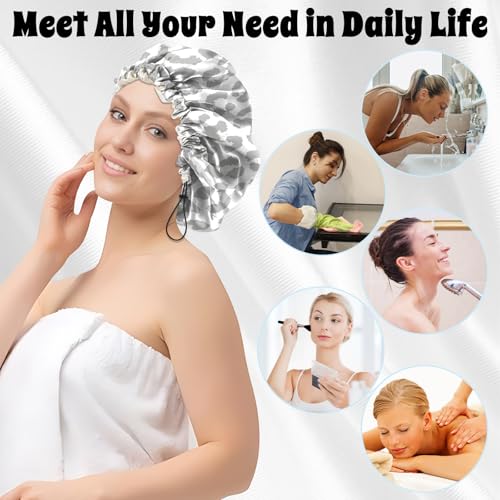 Luxury Shower Cap Satin Lined Reusable Waterproof Double Layer Elastic Adjustable Hair Bath Cap Cute Aesthetic Women Girls-White Leopard - color: F13-White Leopard