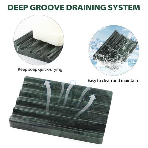 2PCS Koville Indian Natural Green Marble Soap Dish for Shower, Stone Soap Tray for Bathroom, Marble Bar Soap Holder for Sink, Stripe Grooves Soap Saver Sponge Holder - color: Verde Alpi
