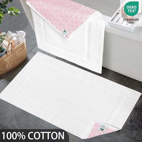 VOOVA & MOVAS Absorbent White Cotton Bath Mats Set of 2 Bathroom Rugs - Non Slip Function, Thick 970gsm, Machine Washable, Luxury Style, Large 20"x32" Rubber Backed Bathroom Mats, Quick-Dry - color: White, size: 19"x35"