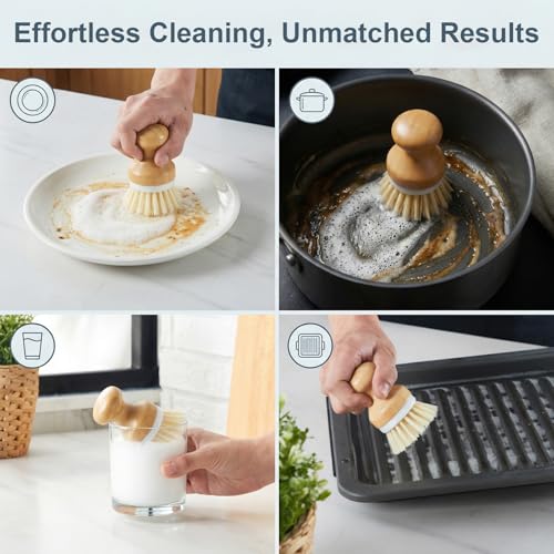 ONEMORE Bamboo Dish Brush with Ceramic Foaming Base, Kitchen Sink Scrub Brush Set with Spring and Mesh Insert, Wooden Handle Dishwashing Brush for Pots Pans Plates Bowls, White - color: White