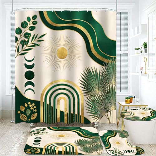 LQCOOL 4Pcs Boho Shower Curtain Set, Green Leaf Bathroom Sets, Waterproof Bathroom Sets with Shower Curtain and Rugs, Shower Curtain with 12 Hooks - color: Black Gold