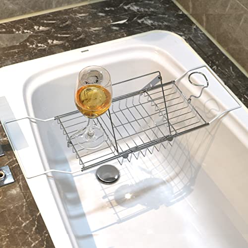 Bathtub Tray,Stainless Steel Shower Bathtub Caddy Tray with Removable Book Holder Red Wine Rack Holder, for Home Kitchen Bathroom, Sliver