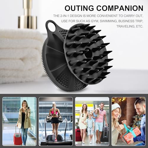 INNERNEED 2in1 Silicone Body Scrubber & Scalp Massager Shampoo Brush, Black | Food-Grade Soft Material, More Hygienic, Easily Lather, Convenient for Travel, Gym, Business,etc - color: Black