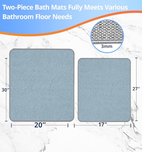 HOMTEB Bathroom Rugs Sets 2 Piece, Thin Bath Mat Absorbent Quick Dry, Machine Washable, Rubber Backing for Non Slip, Low Pile Cozy Cloth Bathroom Rug Set for Tub/Sink/Shower (27"x17" & 30"x20", Blue) - color: Blue, size: 27"x17"+30"x20"-2pack