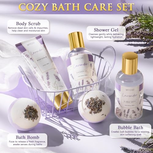 Mothers Day Birthday Gifts for Women, Lavender Relaxing Spa Gift Baskets for Women Self Care Package Bath Gift Set, Home Bath and Body Kit Pamper Gifts for Womens Her Mom Friends Wife Girlfriend Wife - color: Purple-Lavender