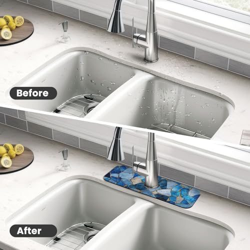 Kitchen Sink Splash Guard Faucet Mat, Blue Gold Abstract Mosaic Diatom Mud Absorbent Draining Mat For Kitchen Sink Bathroom - color: Blue Gold Abstract Mosaic, size: One Size