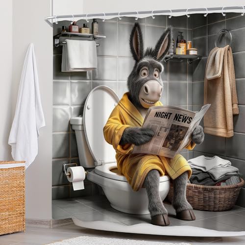 Newsely Funny Donkey Shower Curtain 72Wx72L Inch Grey Animal Masculine Wildlife Sitting On The Toilet Reading Newspaper Bathroom Set Modern Kids Boys Waterproof Bath Decoration Accessories Home Decor - color: R-donkey, size: 72"W x 72"L (Pack of 1)
