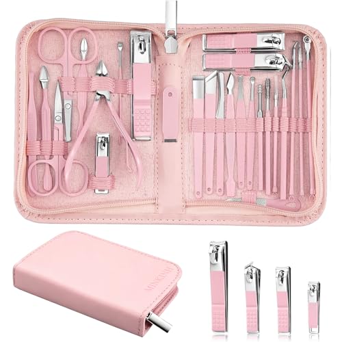 MINKINH 26-Piece Professional Manicure Set，Features Stainless Steel Tools, Carbon Steel Clippers & Travel Case for Women's Home and Travel Grooming(Pink) - color: Pink