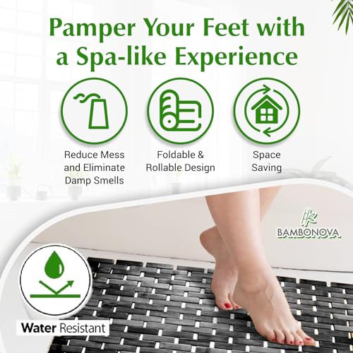Bamboo Bath Mat Black 24 x 16 Inches and Soap Dish Set Bathroom Rugs Non Slip Washable Bamboo Shower Mat Bathtub Mat Non Slip for Kitchen Sauna Spa Hot Tub Outdoor Bathroom Décor - color: Black, size: 24x16