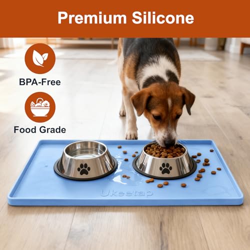 ukeetap Extra Thick Silicone Mat Waterproof with Raised Edge 19” x 12”, BPA Free Non-Slip Dog & Cat Food Mat, Feeding Mat for Food and Water Bowls, Spill Proof Mat to Protect Floors, Blue - color: Blue, size: 19"L x 12"W