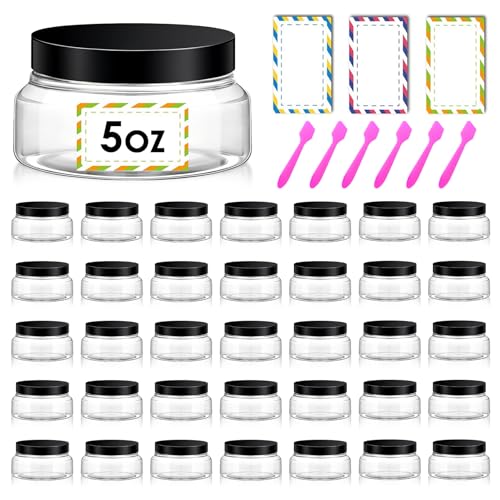 36 Pack 5 oz Plastic Cosmetic Containers With Lids Refillable Clear Empty Travle Jars Containers for Body Butter,Sugar Scrubs,Cream,Lotions,Candy, Waterproof Label&Spatulas - (Black Lid) - color: Clear-Black Lid, size: 5 OZ
