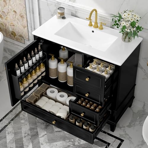 Linique 36" Modern Bathroom Vanity with Sink Combo Set, Solid Wood Frame Bathroom Storage Cabinet with 3 Drawers, Soft Closing Cabinet Door with Organizer, Black - color: Black, size: 36"/ Door with Organizer